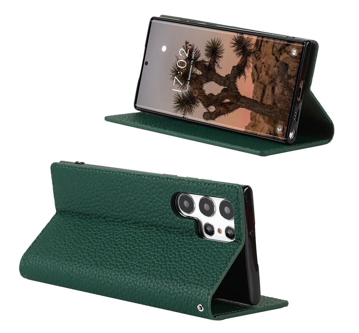 The handfree display of the deep green Samsung Galaxy Leather Wallet Phone Case