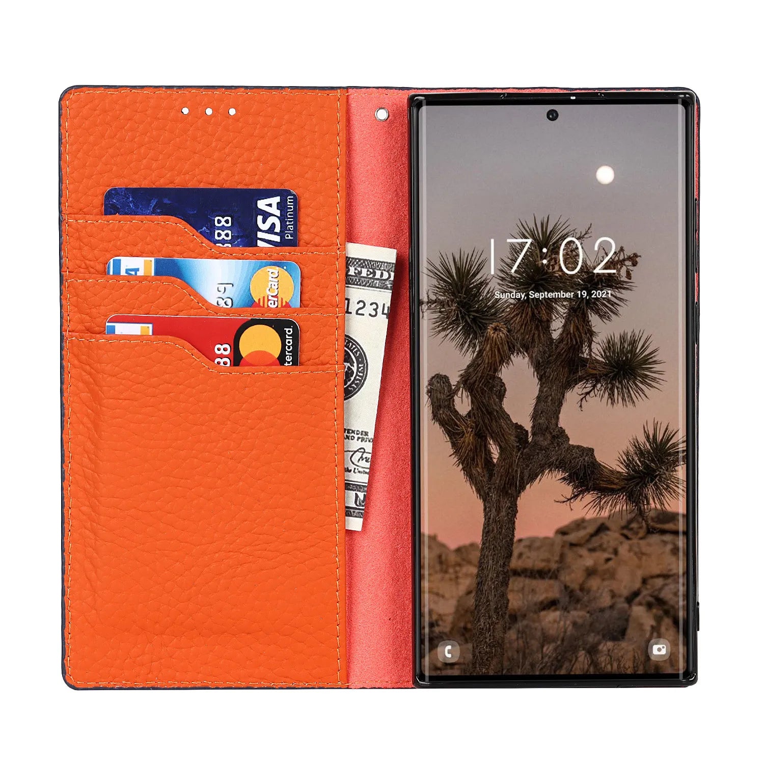 Inside view of the orange Samsung Galaxy Leather Wallet Phone Case