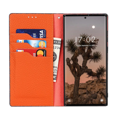 Inside view of the orange Samsung Galaxy Leather Wallet Phone Case