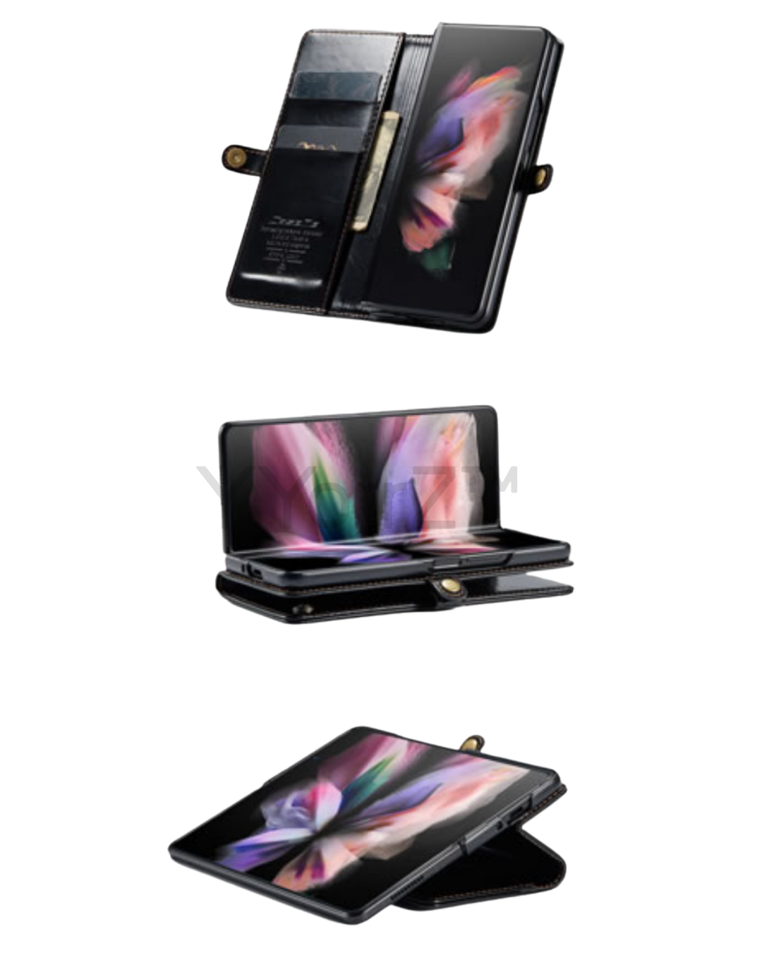 The many folds of the black Samsung Galaxy Z Fold3 5G Magnetic Leather Wallet Cover