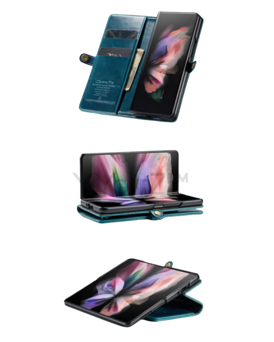 The many folds of the teal Samsung Galaxy Z Fold3 5G Magnetic Leather Wallet Cover