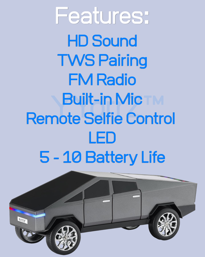 The many features of the 15W HD Sound Cybertruck Shaped Wireless Bluetooth Speaker