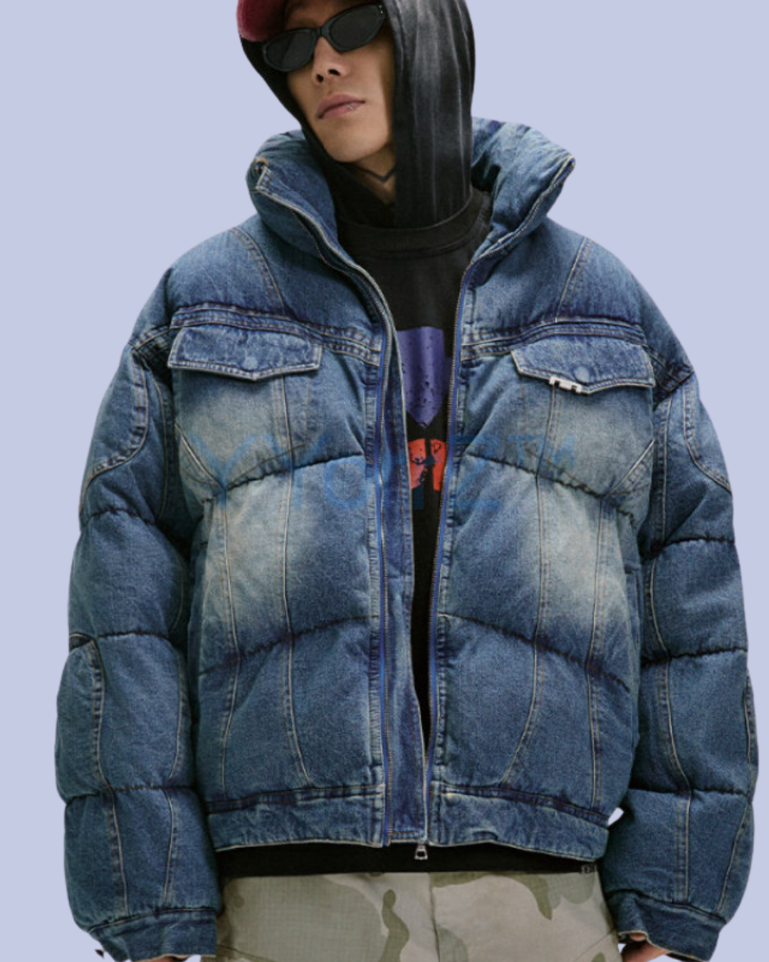 The Washed Vintage Denim Puffer Jacket unbuttoned