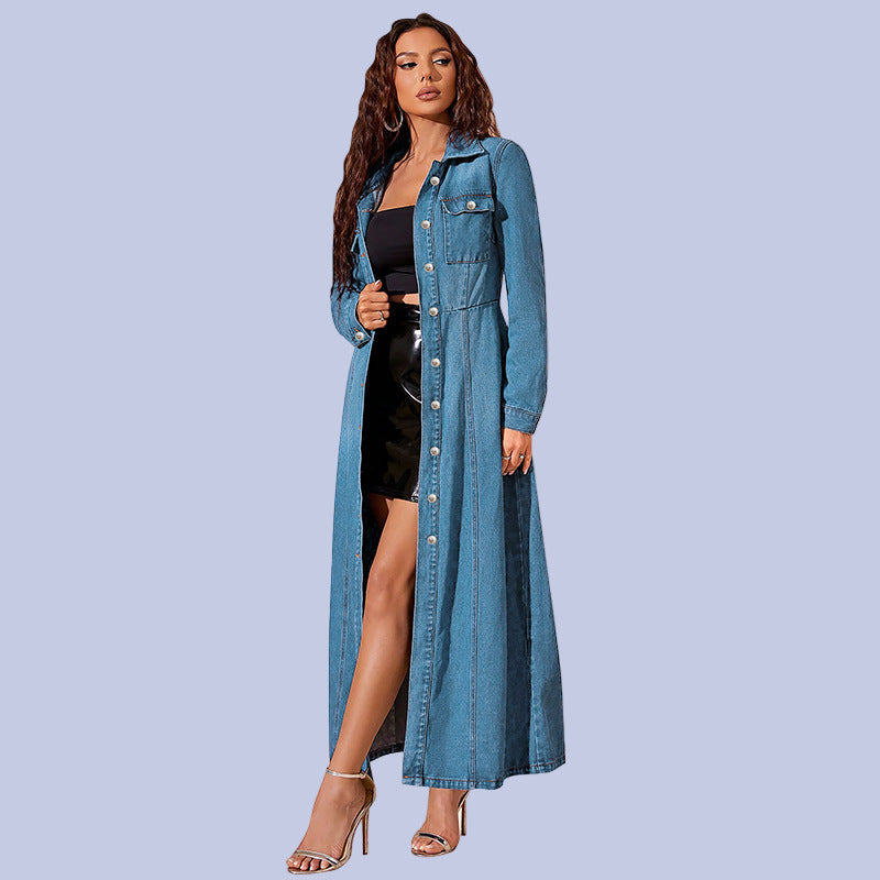 Unbuttoned light stonewash blue Long Button Down Denim Maxi Dress Duster