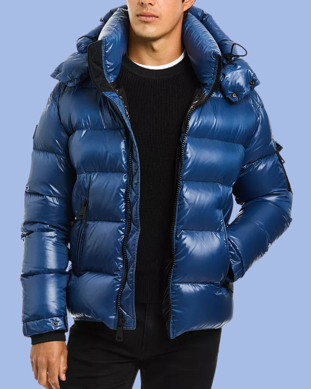Unzipped blue Glossy Glacier Down Puffer Coat