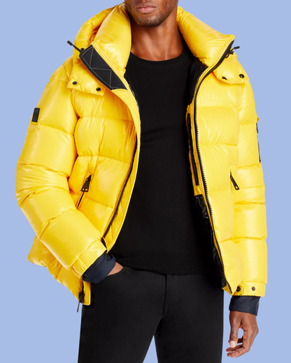 Unzipped yellow Glossy Glacier Down Puffer Coat
