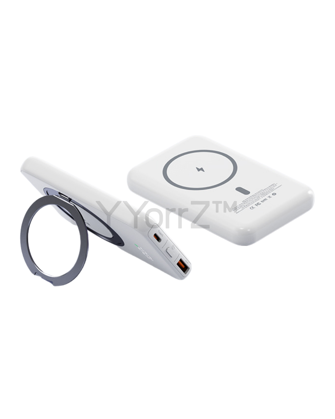 The white Magnetic MagSafe 5000mAh Power Bank with Metal Ring Stand, Fast Charging & Smart LED Display