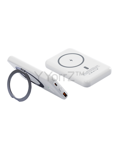 The white Magnetic MagSafe 5000mAh Power Bank with Metal Ring Stand, Fast Charging & Smart LED Display